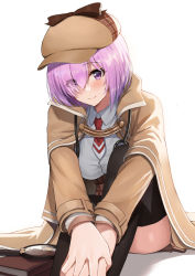 Rule 34 | 1girl, alternate costume, ayul (ayulneri 92), book, breasts, brown capelet, brown coat, capelet, coat, cosplay, detective, fate/grand order, fate (series), hair over one eye, highres, hololive, hololive english, knees up, large breasts, light purple hair, looking at viewer, magnifying glass, mash kyrielight, necktie, open clothes, open coat, purple eyes, red necktie, short hair, sitting, smile, solo, stethoscope, thighhighs, virtual youtuber, watson amelia, watson amelia (cosplay)