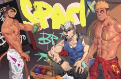 Rule 34 | 3boys, :/, abs, alca (wakatanka4), animal ears, bara, beard, beenic, black hair, blue tank top, brick wall, clothes around waist, dog boy, facial hair, from behind, graffiti, gyee, highres, jacket, jacket around waist, knees up, large pectorals, lion boy, lion ears, lion tail, looking at viewer, male focus, mature male, multiple boys, muscular, muscular male, navel, nipples, original, paint can, paint on body, paint on clothes, paint splatter, paint splatter on face, pants, pectorals, romg, short hair, sitting, smile, spray can, spray paint, stomach, tail, tank top, thick eyebrows, topless male, track pants, undercut, wall, youchi123