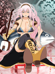 Rule 34 | 1girl, bikini, bikini top only, black thighhighs, blue eyes, blue lips, boots, breasts, cleavage, fish, gauntlets, hdkg, huge breasts, instrument, knee boots, lipstick, long hair, makeup, megurine luka, pink hair, shamisen, sitting, solo, swimsuit, thighhighs, very long hair, vocaloid