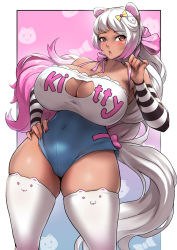 Rule 34 | 1girl, :o, animal ears, bare shoulders, blush, bow, bra strap, breasts, cat cutout, cat ears, cleavage, cleavage cutout, clothing cutout, commentary, commentary request, commission, covered navel, cutesexyrobutts, dark-skinned female, dark skin, highres, huge breasts, looking at viewer, nail polish, original, packge, parted lips, pinky out, red eyes, solo, tail, thighhighs, thighs, white hair, white thighhighs