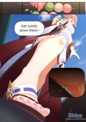 Rule 34 | 2023, 2girls, absurdres, animal ears, anklet, artist name, bare legs, bare shoulders, blue thighhighs, breasts, cherry blossoms, clenched hands, close-up, closed eyes, clothing cutout, cloud, comic, commentary, commission, crushing, day, detached sleeves, dressing, dutch angle, earrings, emphasis lines, english commentary, english text, feather hair ornament, feet, floppy ears, floral print, foot focus, foreshortening, fox ears, from below, full body, genshin impact, giant, giantess, hair ornament, halterneck, highres, japanese clothes, jewelry, large breasts, long hair, looking at viewer, low-tied long hair, lumine (genshin impact), lying, mini person, minigirl, multiple girls, multiple views, nail polish, nontraditional miko, okobo, on side, one eye closed, open mouth, outdoors, perspective, pink fur, pink hair, pink nails, purple eyes, red skirt, ribbon trim, sandals, scarf, shadow, shirt, shizeart, shoes, short hair with long locks, side cutout, size difference, skirt, sky, sleeveless, sleeveless shirt, speech bubble, spread fingers, standing, struggling, tassel, thighhighs, toenail polish, toenails, turtleneck, unworn shoes, upskirt, vision (genshin impact), white scarf, white sleeves, wide sleeves, yae miko