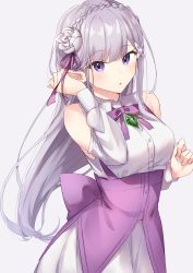 Rule 34 | 1girl, :o, back bow, bow, braid, collared dress, commentary, crown braid, detached sleeves, dress, elf, emilia (re:zero), flower, grey background, hair flower, hair ornament, hair ribbon, hand in own hair, highres, jewelry, light blush, long hair, looking at viewer, low-tied long hair, neck ribbon, necklace, parted lips, pointy ears, purple bow, purple dress, purple eyes, purple ribbon, re:zero kara hajimeru isekai seikatsu, ribbon, rose, silver hair, simple background, sleeveless, sleeveless dress, solo, standing, white flower, white rose, white sleeves, yuzutouhu ika