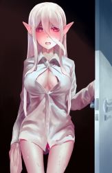Rule 34 | 1girl, bemani, blush, breasts, collared shirt, door, doorway, dress shirt, gluteal fold, hair between eyes, highres, holding, kareha (kareha kr), long hair, medium breasts, nose blush, open clothes, open door, open mouth, open shirt, ortlinde=nblg=valkyria, pointy ears, red eyes, shirt, sleeves past wrists, solo, sound voltex, standing, very long hair, wet, white hair, wing collar