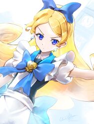 Rule 34 | 1girl, apron, blonde hair, blue background, blue bow, blue eyes, bow, brooch, clear glass (mildmild1311), cure continental, earrings, gradient background, hair bow, happinesscharge precure!, heart, heart brooch, highres, jewelry, long hair, magical girl, maid apron, precure, puffy short sleeves, puffy sleeves, short sleeves, solo, spade (shape), spade earrings, vest