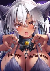 Rule 34 | 1girl, :o, absurdres, alternate costume, animal ears, between breasts, black bow, black nails, blush, body writing, bow, breasts, chain, claw pose, cleavage, crossed bangs, dark-skinned female, dark skin, dated, eyelashes, fang, glasses, hair between eyes, halloween, halloween costume, happy halloween, highres, jewelry, kantai collection, large breasts, long hair, looking at viewer, mashiro yukiya, musashi (kancolle), musashi kai ni (kancolle), nail polish, red eyes, ring, signature, simple background, skin fang, solo, upper body