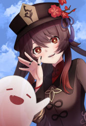 Rule 34 | 1girl, absurdres, arm up, black bow, black hat, black nails, blue sky, blush, boo tao (genshin impact), bow, bracelet, branch, breasts, brown coat, brown eyes, brown hair, closed eyes, cloud, cloudy sky, coat, collared coat, fang, fingernails, flower, flower-shaped pupils, flying, genshin impact, ghost, gradient hair, hair between eyes, hand up, hat, hat flower, hat ornament, hat ribbon, highres, hu tao (genshin impact), jewelry, long hair, long sleeves, looking at viewer, mandarin collar, medium breasts, multicolored hair, nail polish, open mouth, outdoors, pom pom (clothes), purple ribbon, red flower, red shirt, ribbon, ring, shirt, sky, smile, solo, standing, symbol-shaped pupils, teeth, tongue, twintails, user dudj5257, wide sleeves, wing collar, yellow flower