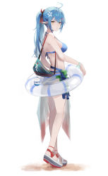 Rule 34 | 1girl, absurdres, ahoge, bag, bag charm, bare legs, bare shoulders, blue hair, breasts, charm (object), elf, expressionless, flower, full body, hair flower, hair ornament, heart, heart ahoge, highres, hololive, innertube, jenmin12, long hair, looking at viewer, looking back, medium breasts, parted lips, pointy ears, ponytail, sandals, shoulder bag, simple background, solo, standing, swim ring, virtual youtuber, water gun, white background, white flower, white footwear, wristband, yellow eyes, yukihana lamy