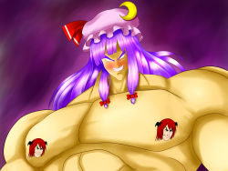Rule 34 | &gt;:), 1boy, blank eyes, blush, broly (dragon ball z), censored, character censor, cosplay, dragon ball, dragonball z, evil grin, evil smile, grin, hat, highres, koakuma, long hair, male focus, mob cap, muscular, censored nipples, no pupils, novelty censor, patchouli knowledge, pointless censoring, purple hair, smile, solo, touhou, v-shaped eyebrows