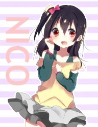 Rule 34 | 1girl, :d, alternate hairstyle, bad id, bad pixiv id, black hair, bow, casual, cosplay, hair bow, love live!, love live! school idol project, mafuyu (chibi21), minami kotori, minami kotori (cosplay), off shoulder, one side up, open mouth, personality switch, red eyes, side ponytail, skirt, smile, solo, yazawa nico