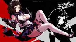 Rule 34 | 1girl, bad id, bad pixiv id, bare shoulders, black background, black gloves, black ribbon, breasts, brown eyes, brown hair, character name, cleavage cutout, closed mouth, clothing cutout, commentary, dagger, elbow gloves, english commentary, frills, garter straps, glint, gloves, hand up, hands up, high heels, holding, holding weapon, kawakami sadayo, knee up, knife, large breasts, lipstick, looking at viewer, maid, maid headdress, makeup, mitsu (mitsu art), mixed-language commentary, neck ribbon, patreon username, persona, persona 5, red background, ribbon, sash, swept bangs, thighhighs, thighs, two-tone ribbon, weapon, white ribbon, white thighhighs