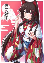 Rule 34 | 1girl, animal ears, blue bow, bow, brown eyes, claw pose, dog ears, dog girl, dog hair ornament, fang, fur trim, furisode, hair ornament, heterochromia, highres, inui toko, japanese clothes, kimono, long hair, looking at viewer, low-tied long hair, mount fuji, nail polish, nichijo, nijisanji, obi, open hands, open mouth, pink eyes, red kimono, red nails, sash, skin fang, solo, very long hair, virtual youtuber, wide sleeves