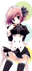 Rule 34 | 1girl, :q, absurdres, black thighhighs, dress, food, fruit, highres, maid, maid headdress, pink eyes, pink hair, ryouka (suzuya), scan, short hair, solo, strawberry, thighhighs, tongue, tongue out, zettai ryouiki