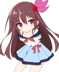 Rule 34 | 1girl, bare shoulders, blue skirt, blush, bow, brown hair, closed mouth, collarbone, commentary request, earrings, hair between eyes, hair ornament, highres, ichi (ichi.colors), jewelry, kantai collection, kisaragi (kancolle), leaning forward, long hair, looking at viewer, off shoulder, puffy short sleeves, puffy sleeves, purple eyes, red bow, shirt, short sleeves, simple background, skirt, smile, solo, striped clothes, striped skirt, vertical-striped clothes, vertical-striped skirt, very long hair, white background, white shirt