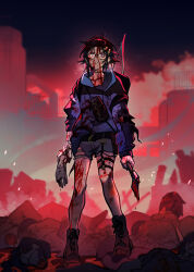 1boy axe black_hair blood blood_on_clothes blood_on_face bloody_weapon boots bow_(weapon) commentary corpse denim denim_shorts earrings english_commentary full_body glasses hair_between_eyes hair_ornament hairclip handprint highres holding holding_axe holostars hood hoodie jewelry kanade_izuru lightning_bolt lightning_bolt_hair_ornament lightning_bolt_symbol looking_at_viewer male_focus mono_(bluesky) necklace night outdoors purple_eyes shirt short_hair shorts solo standing torn_clothes virtual_youtuber weapon