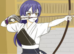 Rule 34 | 1girl, absurdres, archery, arrow (projectile), artist name, artist request, blue hair, blue hakama, blush, bow (weapon), breasts, collarbone, female focus, gloves, grey gloves, hair between eyes, hakama, hakama short skirt, hakama skirt, highres, holding, holding arrow, holding bow (weapon), holding weapon, indoors, japanese clothes, kimono, kyuudou, long hair, long sleeves, looking at viewer, love live!, love live! school idol festival, love live! school idol project, medium breasts, muneate, parted lips, partially fingerless gloves, partly fingerless gloves, single glove, skirt, smile, solo, sonoda umi, weapon, white kimono, yellow eyes, yugake