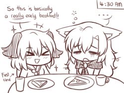 Rule 34 | &gt; &lt;, ..., 2girls, animal ears, ascot, brooch, commentary, cup, dog ears, drinking glass, english text, food, hair between eyes, imaizumi kagerou, jewelry, kasodani kyouko, lineart, long hair, messy hair, multiple girls, pizza, plate, ramadan, short hair, simple background, sleepy, table, time, touhou, triangle mouth, wolf ears, wool (miwol)