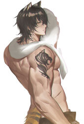 Rule 34 | 1boy, animal ears, arknights, arm tattoo, black hair, broca (arknights), closed mouth, cowboy shot, facing back, highres, holding, holding towel, looking at viewer, male focus, muscular, muscular male, serious, simple background, solo, tail, tattoo, tiger ears, tiger tail, tiger tattoo, towel, white background, white towel, zerg (z79438659)