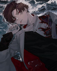 Rule 34 | 1boy, black shirt, blood, blood from mouth, brown hair, commentary request, curtained hair, earclip, earrings, eyebrow cut, fate/grand order, fate (series), from above, frown, glaring, hand up, high collar, highres, jacket, jewelry, looking at viewer, lying, male focus, narrowed eyes, on back, open clothes, open jacket, parted lips, partially submerged, red eyes, shirt, short hair, solo, syakegaumai, takasugi shinsaku (fate), takasugi shinsaku (first ascension) (fate), upper body, water, waves, white jacket