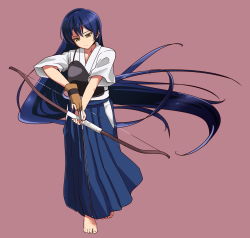 Rule 34 | 1girl, archery, arrow (projectile), barefoot, blue hair, blue hakama, bow (weapon), closed eyes, commentary request, drawing bow, feet, gloves, hair between eyes, hakama, hakama skirt, highres, holding, holding bow (weapon), holding weapon, japanese clothes, kyuudou, long hair, love live!, love live! school idol festival, love live! school idol project, muneate, panimiiru, partially fingerless gloves, partly fingerless gloves, simple background, single glove, skirt, smile, solo, sonoda umi, very long hair, weapon, yellow eyes, yugake