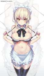 Rule 34 | 1girl, apron, artoria pendragon (alter swimsuit rider) (fate), artoria pendragon (alter swimsuit rider) (second ascension) (fate), artoria pendragon (fate), bikini, bikini top only, black bikini, black thighhighs, blush, breasts, bridal garter, detached collar, fate/grand order, fate (series), frill trim, frills, hair between eyes, hong (white spider), large breasts, looking at viewer, maid, maid bikini, maid headdress, nail polish, navel, parted lips, platinum blonde hair, pulling own clothes, solo, strap pull, swimsuit, thighhighs, unconventional maid, v-shaped eyebrows, waist apron, yellow eyes, zoom layer