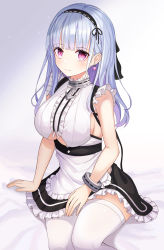 Rule 34 | 1girl, absurdres, anchor choker, anchor necklace, apron, arm support, azur lane, black hairband, blunt bangs, blush, bracelet, breasts, center frills, choker, closed mouth, clothing cutout, commentary request, cowboy shot, dido (azur lane), dress, earrings, frilled choker, frilled dress, frills, funii, gradient background, hair ribbon, hairband, hand on own thigh, has bad revision, has downscaled revision, highres, jewelry, lace-trimmed hairband, lace trim, large breasts, long hair, looking at viewer, maid, maid apron, md5 mismatch, necklace, on bed, pink hair, resolution mismatch, ribbon, sideboob, silver hair, sitting, sleeveless, sleeveless dress, solo, source smaller, thighhighs, underboob, underboob cutout, waist apron, white apron, white background, white thighhighs, zettai ryouiki