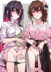 Rule 34 | 2girls, azki (4th costume) (hololive), azki (hololive), black hair, black panties, blush, bow, bow panties, breasts, brown eyes, brown hair, clothes lift, collarbone, colored inner hair, cum, cum in pussy, hair between eyes, hair flaps, hair intakes, hair ornament, hair ribbon, hairclip, highres, hololive, lifted by self, long hair, long sleeves, medium breasts, multicolored hair, multiple girls, official alternate costume, open mouth, panties, pink hair, pink panties, pink ribbon, pubic tattoo, purple eyes, ribbon, side ponytail, star (symbol), star hair ornament, streaked hair, tattoo, tokino sora, tokino sora (casual), underwear, virtual youtuber, yuukauta