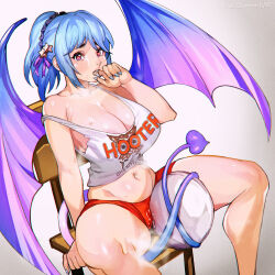 Rule 34 | 1girl, areola slip, belly, biting, black scrunchie, blue hair, breasts, chair, cleavage, clothed masturbation, clothes writing, commission, crotch rub, demon girl, demon tail, demon wings, employee uniform, female masturbation, finger biting, finger in own mouth, hair ornament, heart, heart-shaped pupils, highres, hooters, huge breasts, keigi, kurono kurumu, looking at viewer, masturbation, masturbation through clothes, medium hair, navel, no bra, ponytail, prehensile tail, purple tail, purple wings, pussy juice, pussy juice stain, red eyes, red shorts, rosario+vampire, scrunchie, short shorts, shorts, sitting, solo, spread legs, star (symbol), star hair ornament, strap slip, sweat, symbol-shaped pupils, tail, tail masturbation, tank top, thick thighs, thighs, tray, uncommon stimulation, uniform, waitress, wings