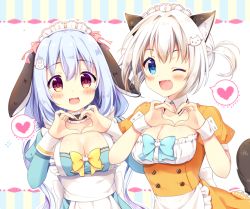 Rule 34 | 2girls, animal ears, aoi yun, apron, blue eyes, blue hair, blush, bow, breasts, cat ears, heart, heart hands, large breasts, looking at viewer, maid apron, maid headdress, multiple girls, one eye closed, open mouth, original, rabbit ears, red eyes, spoken heart, white hair