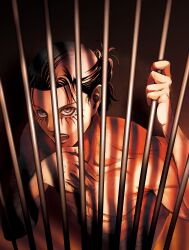 Rule 34 | 1boy, absurdres, biting own hand, brown hair, eren yeager, from above, highres, isayama hajime, male focus, nude, official art, prison cell, sanpaku, second-party source, shingeki no kyojin, short hair, solo, toned, toned male, upper body