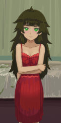 Rule 34 | 1girl, ahoge, bed, blunt bangs, blush, bow, breasts, camisole, cleavage, collarbone, crossed arms, dress bow, embarrassed, green eyes, green hair, highres, hiyajou maho, lingerie, long hair, looking at viewer, menomorute, messy hair, red camisole, ringed eyes, small breasts, solo, steins;gate, steins;gate 0, tagme, underwear, very long hair, wavy mouth