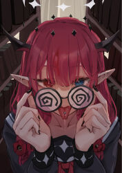 Rule 34 | 1girl, black nails, blue eyes, braid, coke-bottle glasses, glasses, heterochromia, highres, hololive, hololive english, horns, irys (gaming casual) (hololive), irys (hololive), looking at viewer, mochiyuki (gigfor1), nail polish, piercing, pointy ears, red eyes, red hair, saliva, school uniform, serafuku, solo, tongue, tongue out, tongue piercing, twin braids, upper body, virtual youtuber