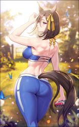 Rule 34 | 1girl, absurdres, adjusting hair, air groove (umamusume), animal ears, arm up, artist name, ass, back, bare shoulders, blue butterfly, blurry, blurry background, blush, bow, breasts, brown hair, bug, butterfly, c.honey, can, cowboy shot, curvy, day, drink, drink can, ear ribbon, facing away, half-closed eyes, highres, holding, horse ears, horse girl, horse tail, insect, looking at viewer, looking back, medium breasts, nature, outdoors, pants, petals, purple eyes, shiny clothes, short hair, skin tight, skindentation, smile, soda can, solo, sparkle, sports bra, sweat, tail, thighs, toned, umamusume, yoga pants
