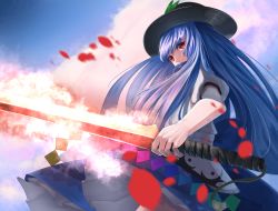 Rule 34 | 1girl, bad id, bad pixiv id, blue hair, cacao devil, cloud, cowboy shot, dress, frilled dress, frills, from side, glowing, glowing weapon, hat, highres, hinanawi tenshi, holding, holding weapon, leaf, long hair, looking at viewer, petals, puffy sleeves, red eyes, sidelocks, sky, solo, sword, sword of hisou, touhou, weapon