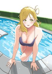 Rule 34 | 1girl, :p, arm support, bare shoulders, blonde hair, blush, braid, breasts, cleavage, commentary request, crown braid, dunchy, hair rings, highres, large breasts, looking at viewer, love live!, love live! sunshine!!, ohara mari, pool, school swimsuit, solo, swimsuit, tongue, tongue out, water, yellow eyes