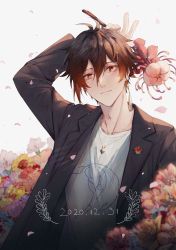 Rule 34 | 1boy, badge, black hair, blue eyes, blurry, blurry background, brown hair, closed mouth, collarbone, dated, earrings, floral background, flower, genshin impact, hair between eyes, highres, holding, holding flower, jacket, jewelry, long hair, long sleeves, looking at viewer, male focus, multicolored hair, necklace, orange hair, petals, shirt, simple background, single earring, solo, sparkle, suketto 0112, tartaglia (genshin impact), tassel, tassel earrings, v, white background, white shirt, yellow eyes, zhongli (genshin impact)