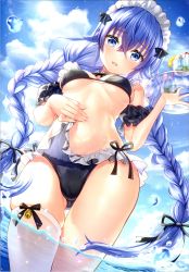 Rule 34 | 1girl, :d, absurdres, arm strap, bell, bikini, black bikini, black bow, black ribbon, blue eyes, blue hair, blue sky, blush, bow, breasts, cameltoe, cloud, covered erect nipples, cowboy shot, floating hair, from below, fujima takuya, gluteal fold, hair between eyes, hair bow, hair ribbon, head tilt, highres, holding, holding plate, long hair, looking at viewer, maid headdress, mushoku tensei, open mouth, partially submerged, partially underwater shot, plate, ribbon, roxy migurdia, side-tie bikini bottom, sideboob, single thighhigh, skindentation, sky, small breasts, smile, solo, standing, summer, sun, swimsuit, thigh gap, thighhighs, twintails, underboob, underwater, very long hair, wading, white thighhighs