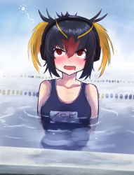Rule 34 | 1girl, bad id, bad pixiv id, black hair, blonde hair, blush, breasts, hemublue9, highres, kemono friends, medium breasts, multicolored hair, name tag, one-piece swimsuit, open mouth, pool, red eyes, red hair, rockhopper penguin (kemono friends), school swimsuit, sidelocks, solo, swimming, swimsuit