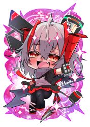 Rule 34 | 1girl, absurdres, arknights, black gloves, black jacket, black pants, blush, border, chibi, commentary, demon girl, demon horns, demon tail, detonator, english commentary, fang, fingerless gloves, full body, gloves, grenade pin, grey hair, grey shirt, happy, highres, holding, holding weapon, horns, jacket, looking at viewer, multicolored hair, nail polish, open clothes, open jacket, open mouth, orange eyes, pants, purple background, red footwear, red hair, red nails, rei murder (zeromada), scarf, shirt, signature, smile, solo, sparkle, streaked hair, tail, w (arknights), weapon, white shirt