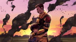 Rule 34 | 1boy, 1girl, aged down, apex legends, black hair, bossan 3310, brown eyes, facial hair, father and daughter, hair behind ear, highres, mustache, pilot suit, scarf, short hair, sky, smoke, sunset, titanfall (series), titanfall 2, valkyrie (apex legends), viper (titanfall 2), yellow scarf