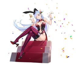 Rule 34 | 1girl, animal ears, azur lane, bare shoulders, black footwear, black hair, blue eyes, blue hair, bow, bowtie, breasts, cleavage, clothing cutout, cocktail glass, cup, detached collar, drinking glass, fake animal ears, from below, full body, high heels, highres, holding, holding cup, large breasts, leotard, long hair, looking at viewer, manjuu (azur lane), navel cutout, official alternate costume, official art, one eye closed, playboy bunny, purple thighhighs, rabbit ears, red bow, red bowtie, red thighhighs, shoes, sitting, solo, strapless, strapless leotard, striped clothes, striped thighhighs, thighhighs, ticonderoga (azur lane), ticonderoga (show stopper!) (azur lane), tomohiro kai, transparent background, two-tone legwear, vertical-striped clothes, vertical-striped thighhighs, very long hair, wrist cuffs