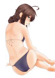 Rule 34 | 1girl, ahoge, arm support, ass, barefoot, bikini, black bikini, blue eyes, braid, brown hair, commentary request, from behind, hair flaps, hair over shoulder, highres, kantai collection, looking at viewer, looking back, matsu (matsubozu867), shigure (kancolle), shigure kai ni (kancolle), simple background, single braid, solo, swimsuit, white background