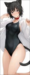 Rule 34 | 1girl, amagami, animal collar, animal ear fluff, animal ears, bed sheet, black hair, black one-piece swimsuit, blush, breasts, brown eyes, cat ears, cat tail, collar, commentary, competition swimsuit, fake animal ears, highres, kemonomimi mode, leash, light smile, looking at viewer, lying, medium breasts, mobu, nanasaki ai, on back, one-piece swimsuit, open clothes, open shirt, red collar, shirt, short hair, simple background, solo, swimsuit, tail, thighs, white background, white shirt
