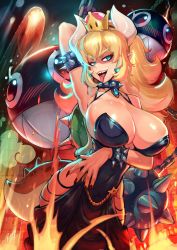 Rule 34 | blonde hair, bowsette, breasts, chain chomp, cleavage, collar, earrings, highres, jewelry, large breasts, long hair, mario (series), nintendo, reiq, shell, smile, spiked collar, spikes, thick thighs, thighs, tongue, tongue out, wide hips