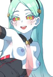 Rule 34 | 1girl, aqua hair, armpits, artificial eye, blue nipples, breasts, breasts out, colored nipples, colored sclera, cyberpunk (series), cyberpunk edgerunners, cyborg, detached collar, female focus, green eyes, hairband, large areolae, long hair, looking at viewer, mechanical eye, nipples, open mouth, rebecca (cyberpunk), red pupils, red sclera, simple background, skirt, small breasts, solo, transparent necktie, very long hair, white background, white skirt, xiangzi box
