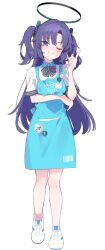 Rule 34 | 1girl, absurdres, apron, aqua apron, blue archive, blush, bow, bowtie, closed mouth, collared shirt, full body, halo, highres, id card, long hair, mechanical halo, one eye closed, parted bangs, pointing, pointing up, purple eyes, purple hair, red pupils, shirt, shoes, short sleeves, sidelocks, smile, sneakers, solo, standing, striped, striped bow, sutora binsuke, triangle hair ornament, two side up, white footwear, white shirt, yuuka (blue archive)