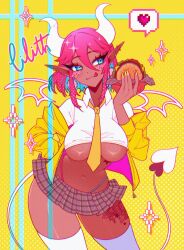 Rule 34 | 1girl, abottleofstars, blue eyes, blush, breasts, burger, collar, collared shirt, colored inner hair, colored skin, demon, demon girl, demon horns, demon tail, earrings, food, hair between eyes, heart, highleg, highleg panties, highres, holding, holding food, horns, jacket, jewelry, large breasts, leg tattoo, long hair, miniskirt, multicolored hair, multiple earrings, nail polish, navel, necktie, off shoulder, open clothes, open jacket, original, panties, pink hair, pixel heart, plaid, plaid skirt, pleated skirt, pointy ears, red skin, shirt, skirt, stomach tattoo, tail, tattoo, thighhighs, tongue, tongue out, underboob, underwear, white shirt, white thighhighs, yellow jacket, yellow necktie