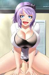 Rule 34 | 1girl, blue eyes, blush, breasts, cleavage, clothed sex, dagashi kashi, highres, large breasts, open mouth, purple hair, sex, shidare hotaru, smile, sowilo, swimsuit, uncensored