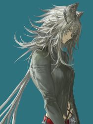 Rule 34 | 1girl, animal ears, arknights, belt, blue background, breasts, closed mouth, from side, grey shirt, highres, indra (arknights), infukun, long hair, medium breasts, navel, profile, scar, scar on face, scar on nose, shirt, silver hair, simple background, solo, tiger ears, upper body, v-shaped eyebrows, very long hair, yellow eyes