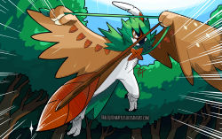 Rule 34 | absurdres, arrow (projectile), bird, blue sky, bow (weapon), commentary, creatures (company), decidueye, deviantart username, emphasis lines, english commentary, flying, game freak, gen 7 pokemon, grass, harlequinwaffles, highres, holding, holding arrow, holding bow (weapon), holding weapon, mixed-language commentary, nintendo, no humans, outdoors, owl, pokemon, pokemon (creature), signature, sky, solo, spanish commentary, speed lines, spread wings, talons, tree, watermark, weapon, web address, wings