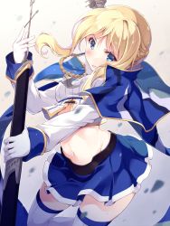 Rule 34 | 1girl, azur lane, blonde hair, blue eyes, blue skirt, boots, braid, breasts, capelet, cowboy shot, gloves, hair ornament, highres, itoichi., midriff, navel, open mouth, renown (azur lane), skirt, small breasts, solo, thigh boots, thighhighs, white footwear, white gloves